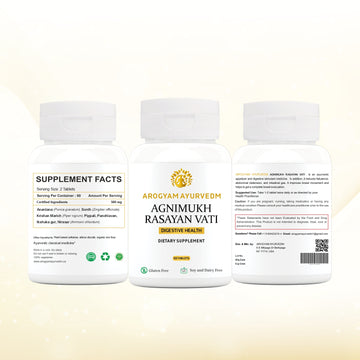 AROGYAM AYURVEDM Agni Mukh Rasayan Vati helps reducing flatulence, abdominal distension, and intestinal gas.