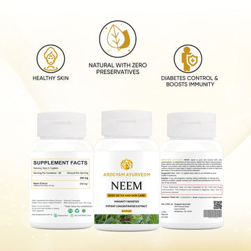 AROGYAM AYURVEDM Neem Caplets Supports Detoxification, Strengthens Immunity, Nourishes Skin Cells, Purifies Blood for Men & Women Pack of 60 Caplets.